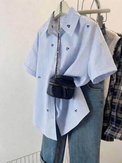 少女宽松休闲简约舒适樱桃印花翻领衬衫