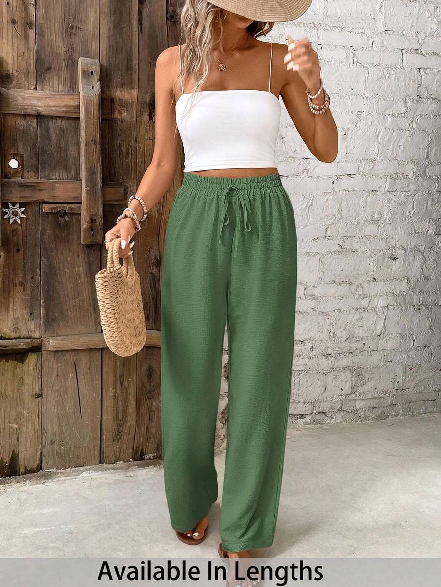 SHEIN PETITE CURVE Pantalones casuales minimalistas de talla grande de unicolor con cintura elástica y cordón - verde menta - Ver 1