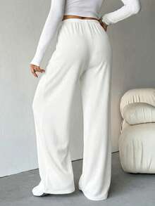 SHEIN Tall Women's Ribbed Brushed Wide Leg Pants, Suitable For Autumn/Winter - White - View 2