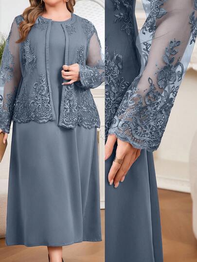 Modelyn مجموعة من قطعتين كبيرة الحجم بلون أحادي، رقبة دائرية، أكمام طويلة، شفافة مطرزة بالدانتيل، أنيقة