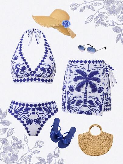 Swim Oasis 3pcs Women's Swimsuit Set, New Arrival Spring/Summer, European And American Style, Blue & White Tropical Plant, Coconut Tree, Parrot Print Design, Halter Neck Tie Top, Regular Swim Bottoms, Tie Side Cover Up Skirt, Beach, Pool, Resort Swimwear