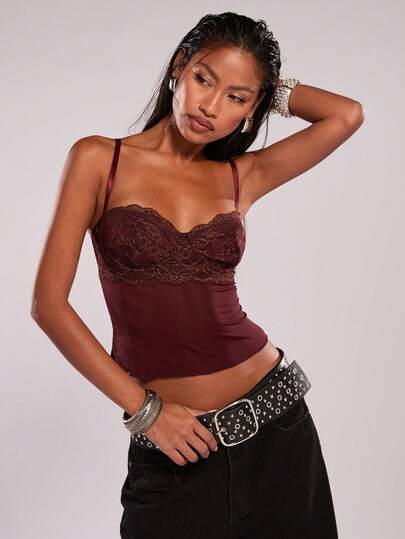SHEIN BAE Women's Contrast Lace Fitted Cropped Camisole,Music Festival, Casual Tops, Heavily Embroidered Tops, Y2K Tops, 2000s Tops, Sequined Tops,Lace Bodysuit, Burgundy Corset, Lace Top, Summer Top, Corset, Club, Music Festival, Party Top, Beach Top, Ibiza,Goin Gout Top
