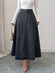 SHEIN Cottnline Casual Versatile Button-Up Women Denim Skirts - Dusty Blue - View 4
