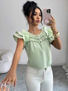 SHEIN Elenzya 女士春夏法式甜美风单件上衣，浅薄荷绿方领多层荷叶边褶皱短袖宽松薄纱上衣 – 采用柔和的薄荷绿面料，搭配层叠荷叶边褶皱细节，优雅甜美的通勤族和精致女孩的理想之选，完美适用于办公室通勤、闺蜜约会、复活节春季野餐、徒步旅行、情人节约会和婚礼宾客着装（时尚春夏女士上衣） - 薄荷綠 - 查看 4