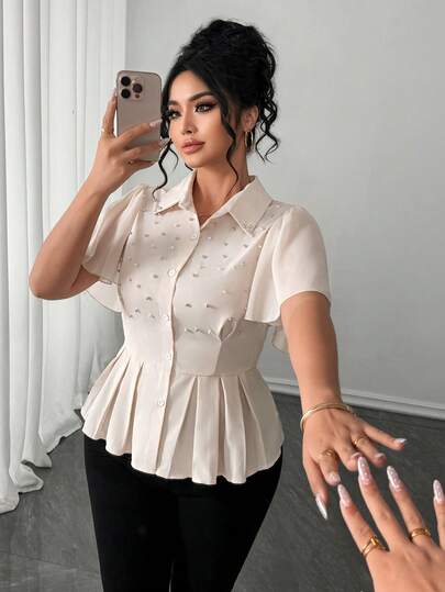 SHEIN Elenzya Plus Size Pearl Decor Waist Cinched Short Sleeve Shirt, Fashionable Minimalist Elegant Flattering Design For Dates And Gatherings