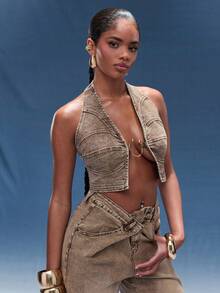 Normani 女士牛仔卡其色性感休闲街头风上衣，正面饰有圆环，露背设计 - 棕色 - 查看 1