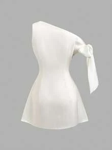 Olithes Women's Ruffle Asymmetrical Shoulder A-Line Mini Dress, Waist Cinched, Sexy French Fashion - Beige - View 2