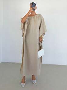 Siren Gaze 女士休闲不对称领口连衣裙，纯色 - 杏色 - 查看 4