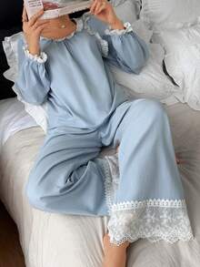 DAZY Conjunto de pijama de mujer con contraste de color elegante y dulce con aplicaciones de encaje - Azul - Ver 1