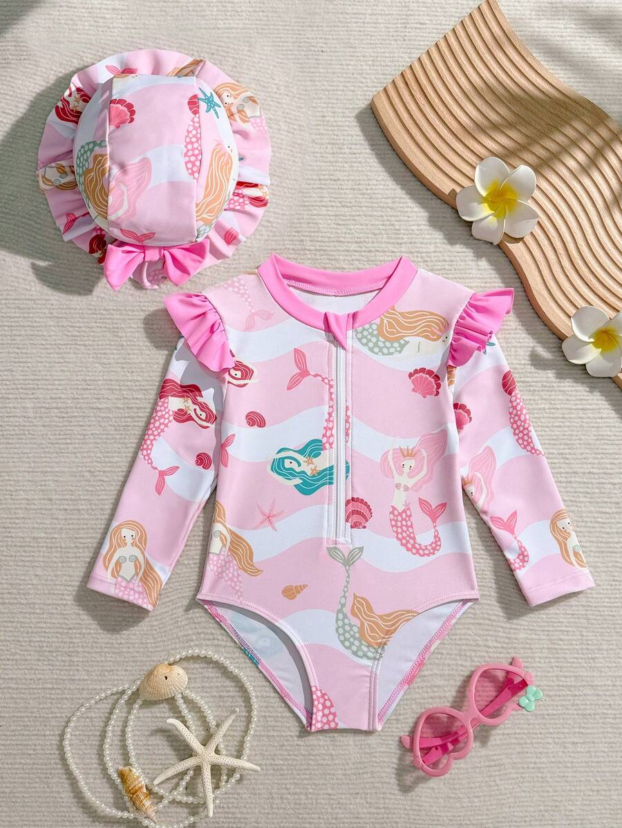 1 Peça Maiô Infantil, Padrão de Desenho Animado Fofo, Design com Zíper, Com Chapéu Adorável, Tecido de Alta Qualidade