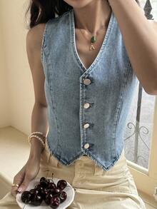 DAZY Áo sơ mi denim dáng ôm, cổ chữ V, không tay, kiểu dáng rách rưới dành cho nữ. - Màu xanh lam - Xem 6