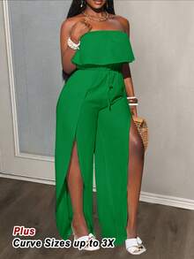 Slaydiva Mono de verano sin tirantes de talla grande para mujer, de unicolor, con volantes en la cintura, lazada y aberturas duales, de estilo de moda, para primavera/verano - Verde - Ver 6