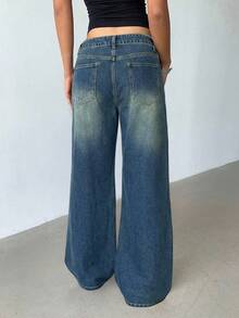 Aloruh 女士带口袋阔腿宽松休闲百搭牛仔裤 - 藍色 - 查看 2