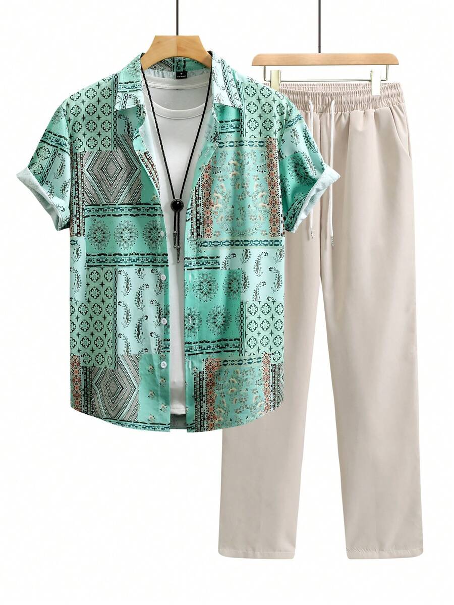 OTTIMOZO 男士全印花纽扣短袖衬衫套装（2件）及纯色抽绳腰休闲裤 - 彩色 - 查看 1