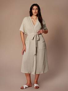 Lazeform Áo choàng dài tay ngắn có túi, chất liệu dệt kim jacquard kẻ sọc, dành cho nữ, cỡ lớn. - Màu be - Xem 3