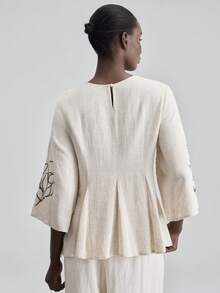 Ontre 2026春夏新款女式衬衫，撞色刺绣，喇叭袖，收腰，圆领，休闲腰身衬衫，独立日，都市时尚，简约通勤装，婚礼宾客装，假日装，设计感十足，优雅，下午茶装，休闲宽松日常女装畅销纯色款，办公装，假日装，返校季轻盈度假风，日常穿着，女士夏季休闲装，亚麻上衣，喇叭袖女式工作上衣，女士端庄上衣，刺绣袖子 - 杏色 - 查看 6