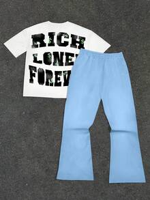 Manfinity EMRG 男士图案T恤和短裤套装，街头风人像和标语印花，圆领短袖T恤和休闲短裤 - 彩色 - 查看 2