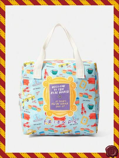 FRIENDS X SHEIN Corduroy Material Color Blocked Lunch Box Bag, Preppy Style Lunch Bag, Suitable For Office Workers And Students