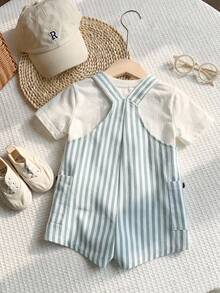 SHEIN Newborn Baby Boy/Girl Blue White Stripe Overall Set,Summer Casual Cute Family Matching Green Striped Romper,Gender Neutral Toddler Outfit For Party - Multicolor - View 2