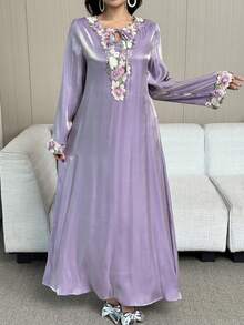 Al Najma Vestido casual de estilo árabe con cuello de corbata y aplicaciones para mujer de talla grande - Morado - Ver 6