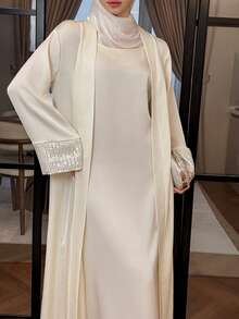 DAZY Conjunto de 2 piezas de vestido de tirantes con lentejuelas y parches y bata larga, elegante para mujer, para primavera/verano - Beis - Ver 6