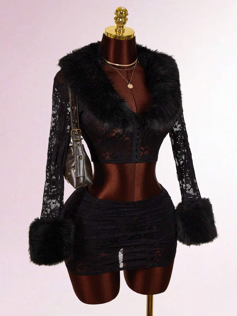 Amplova Bộ đồ hai mảnh ren và lông giả dành cho nữ, váy ngắn cạp siêu trễ gợi cảm, phá cách với đường xếp ly hai bên, cổ tay áo bằng lông giả, cài nút phía trước, thích hợp cho buổi hẹn hò. - màu đen - Xem 1