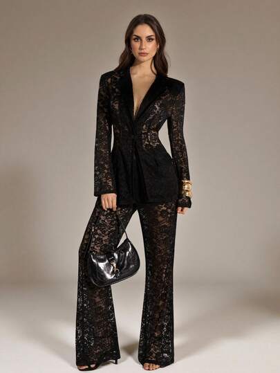 SHEIN Tall Women's High Waist Floral Lace Elegant Fashion Flare Pants