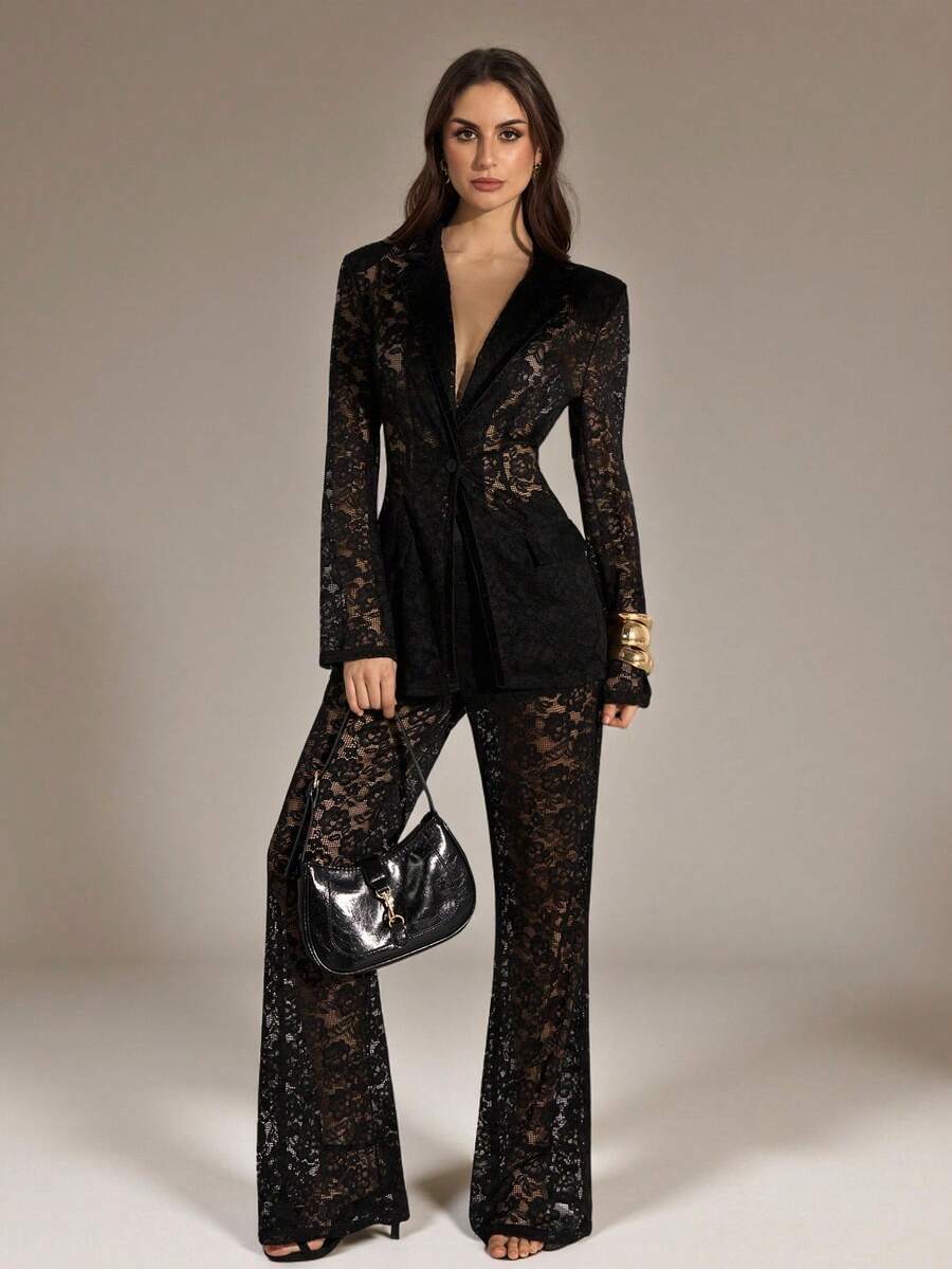 SHEIN Tall Women's High Waist Floral Lace Elegant Fashion Flare Pants - Black - View 1