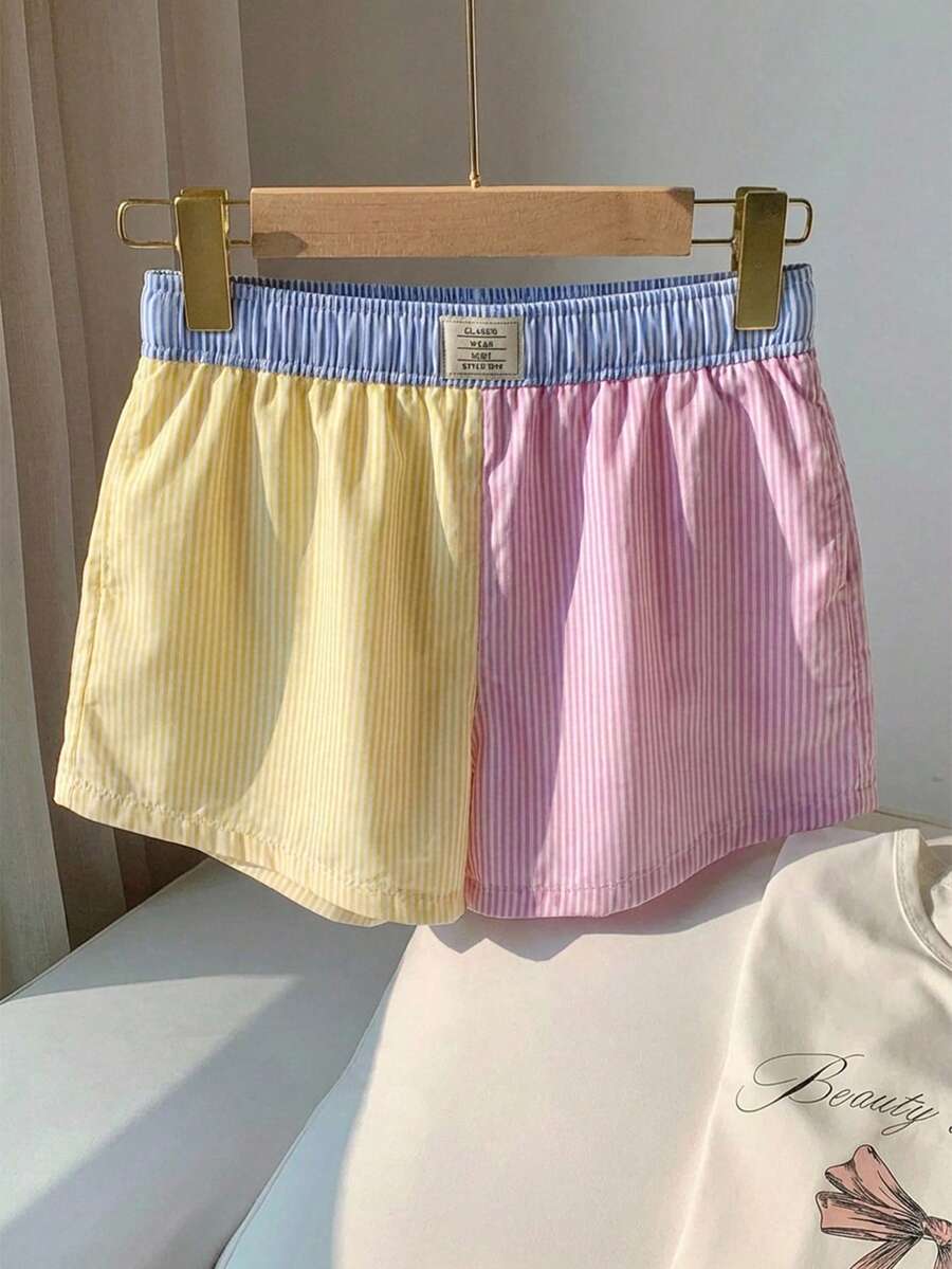 Comfortcana Women's Multicolor Striped Print Letter Patchwork Detail Shorts, Summer - Multicolor - View 1