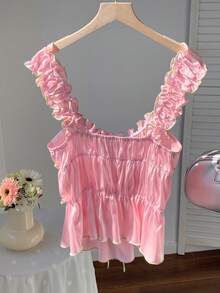 Comfortcana Women's Cute Ruffle Tie Strap Camisole Top For Summer Pink Summer Top Pink Ruffle Top Pink Top - Multicolor - View 2