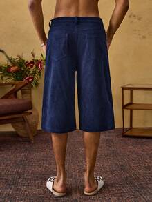 ROMWE MEN Casual 男士休闲灯芯绒花卉刺绣短裤 - 藍色 - 查看 3