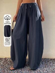 DAZY Quần ống rộng nữ, cạp chun, có dây rút, kiểu dáng đường phố năng động, thích hợp cho mùa xuân/thu. - Màu xanh hải quân - Xem 1