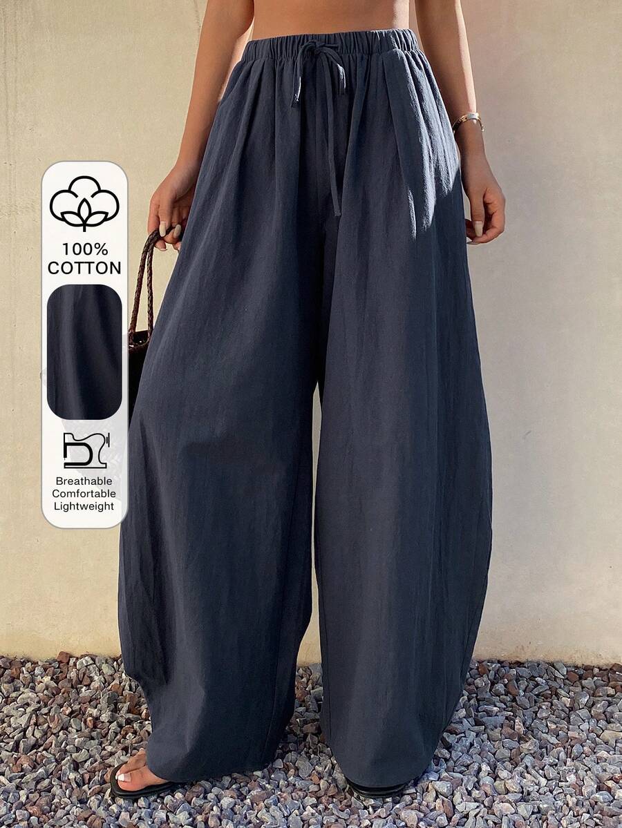 DAZY Quần ống rộng nữ, cạp chun, có dây rút, kiểu dáng đường phố năng động, thích hợp cho mùa xuân/thu. - Màu xanh hải quân - Xem 1