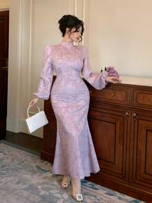 DAZY Đầm in hoa màu tím mùa xuân hè, đầm midi dáng xòe thanh lịch với tay phồng, thích hợp cho đám cưới, tiệc tùng, các dịp trang trọng. - Hồng - Xem 2