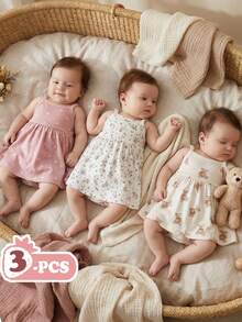 SHEIN Vintaside Kids 新生女宝宝夏季白色橙色碎花吊带连衣裙三件套，舒适可爱，居家礼物 - 彩色 - 查看 5