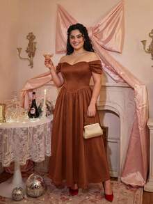 SHEIN MOD Đầm midi trễ vai thắt eo cỡ lớn dành cho nữ, màu đỏ tía, mùa thu/đông, Halloween, chủ đề "Ác mộng trước Giáng sinh", trang phục Halloween cho nữ, dự tiệc, thanh lịch, đầm satin đỏ, đầm trễ vai, đầm dạ hội đỏ, đầm dài đến bắp chân đỏ, đầm dự tiệc đỏ, đầm dự đám cưới cho nữ. - màu nâu - Xem 9