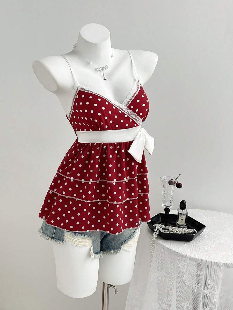 Elamini Camiseta de tirantes ajustada con volantes multicapa, encaje y lunares en contraste, estilo lindo y dulce de verano - Rojo - Ver 1