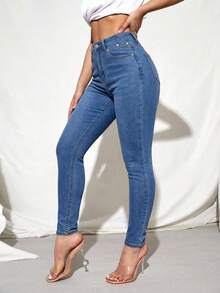 SHEIN Essnce 修身休闲高腰牛仔裤，带腰带环 - 藍色 - 查看 3