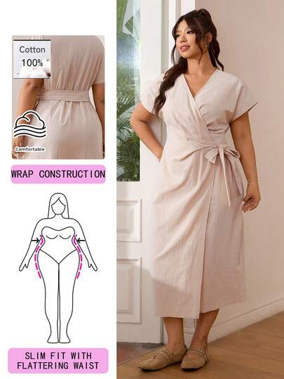 Solflare 2026春夏新款休闲裹身系带短袖中长连衣裙，柔软舒适，适合外出、派对、约会、生日、音乐节、通勤、度假、情人节、新年等场合，尺码齐全。