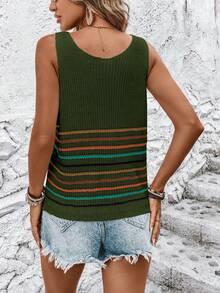 SHEIN LUNE 女士V领无袖条纹撞色针织休闲宽松毛衣背心 - 軍綠色 - 查看 2