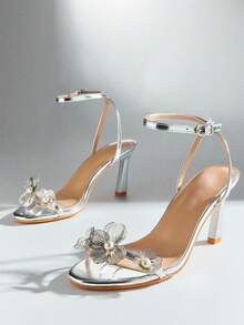 SHUZIA Sandal Wanita Minimalis Modis dengan Ujung Bulat dan Motif Bunga, Hak Stiletto - Perak - View 6