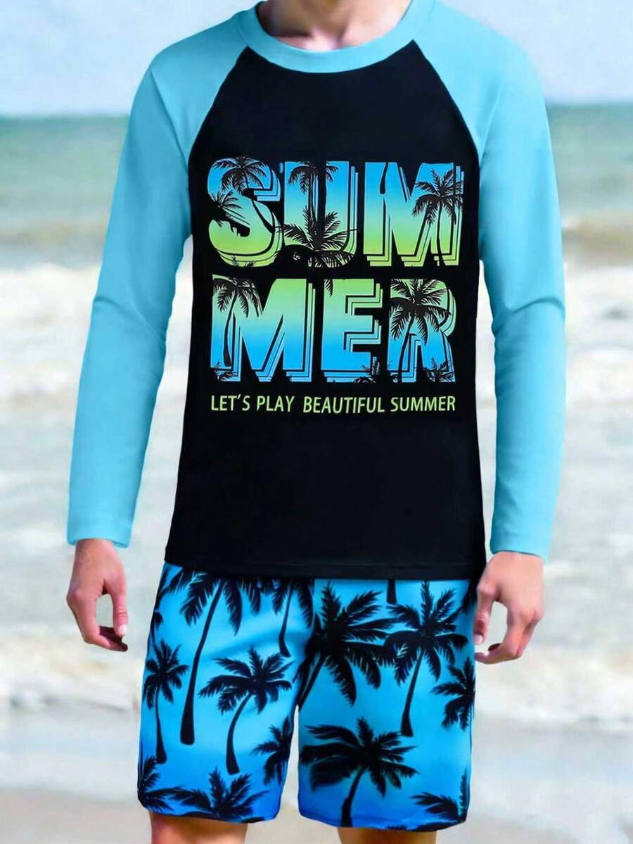 SHEIN 两件套青少年男童泳装,长袖纯色防晒衣上衣搭配棕榈树字母印花渐变棕榈树图案沙滩短裤,适合游泳池、夏季度假、派对、海滩等场合。 - 彩色 - 查看 1