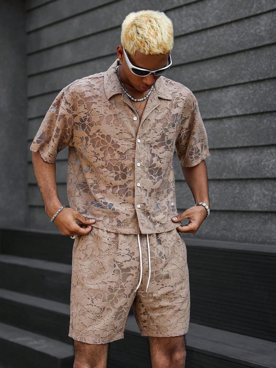 PAVTROS Men's Knitted Jacquard Loose Drop Shoulder Short Sleeve Shirt And Shorts Set, Youthful Street Style - Khaki - View 1