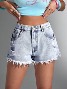 SHEIN ICON Quần short denim rách gấu dáng casual thời trang dành cho nữ cỡ lớn. - Rửa nhẹ - Xem 5