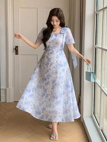 DAZY 女士优雅印花方领花瓣袖系腰中长连衣裙，夏季婚礼宾客礼服，女士吊带裙 - 藍色 - 查看 3