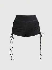 ROMWE Quần short denim siêu ngắn màu đen ôm sát, co giãn cao, cỡ lớn, dễ phối đồ. - màu đen - Xem 1