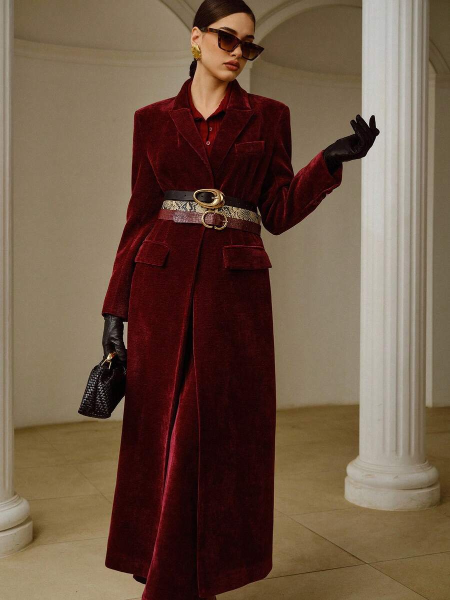 ZEYLAH Women's Corduroy Lapel Collar Fashionable Versatile Long Sleeve Trench Coat, Suitable For Autumn/Winter Outings - Red - View 1