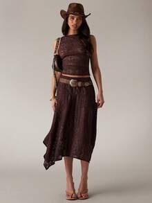 SHEIN BAE Casual Lace Hollow Textured Sleeveless Tank Top, Suitable For Leisure, Vacation, Beach, Brunch, Casual Wear - Brown - View 3