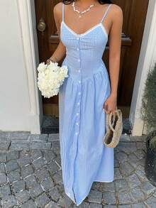 Sunnyshic Women's Blue Plaid Spaghetti Strap A-Line Maxi Dress, Fashion Versatile Basic Preppy Sweet Casual Vacation Elegant Spring Summer Back To School - Blue - View 3