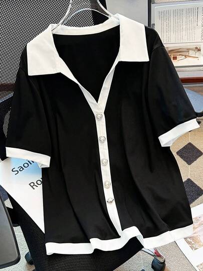 GlowEve CURVE 大码女式黑白撞色领针织纽扣短袖通勤T恤